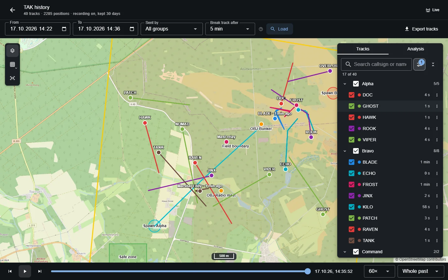 History view with player tracks, timeline and analysis