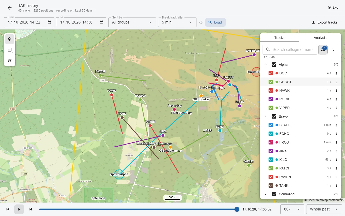 History view with player tracks, timeline and analysis