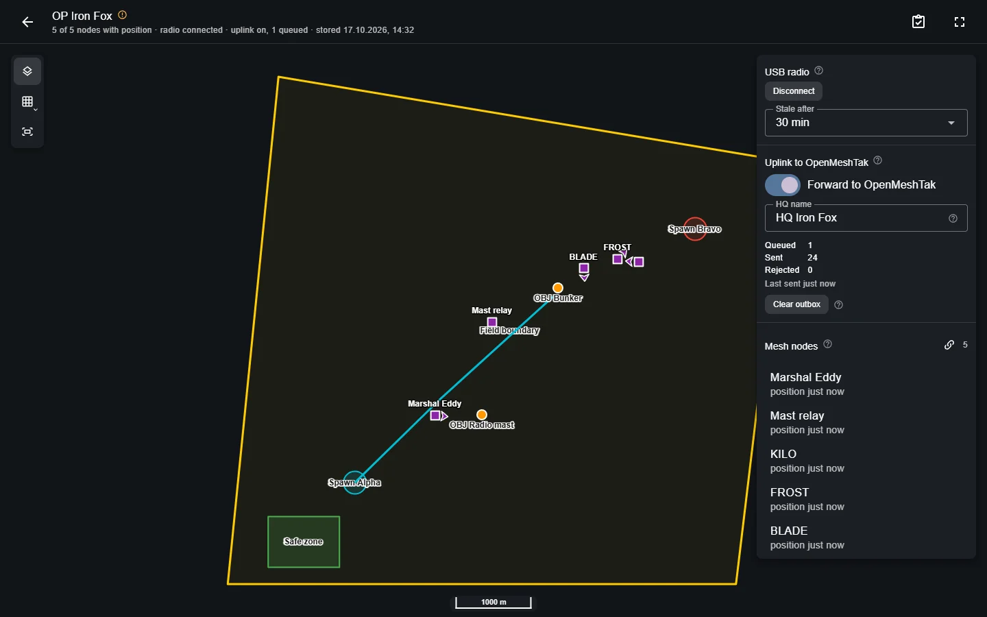 Offline HQ of OP Iron Fox with five Meshtastic nodes on the field map, the USB radio connected and the uplink on