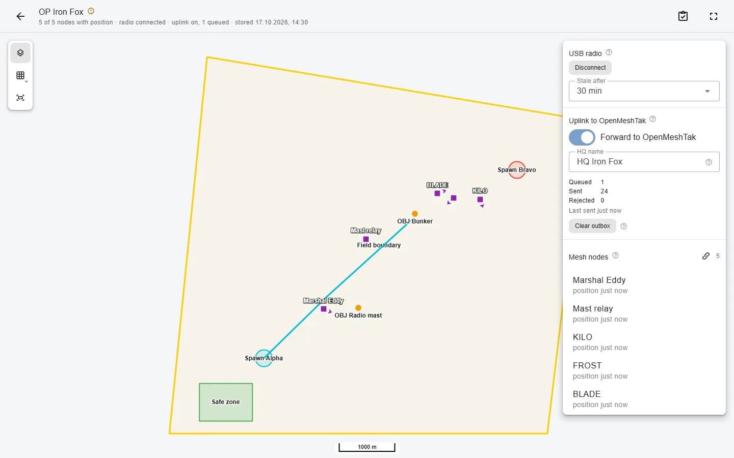 Offline HQ of OP Iron Fox with five Meshtastic nodes on the field map, the USB radio connected and the uplink on