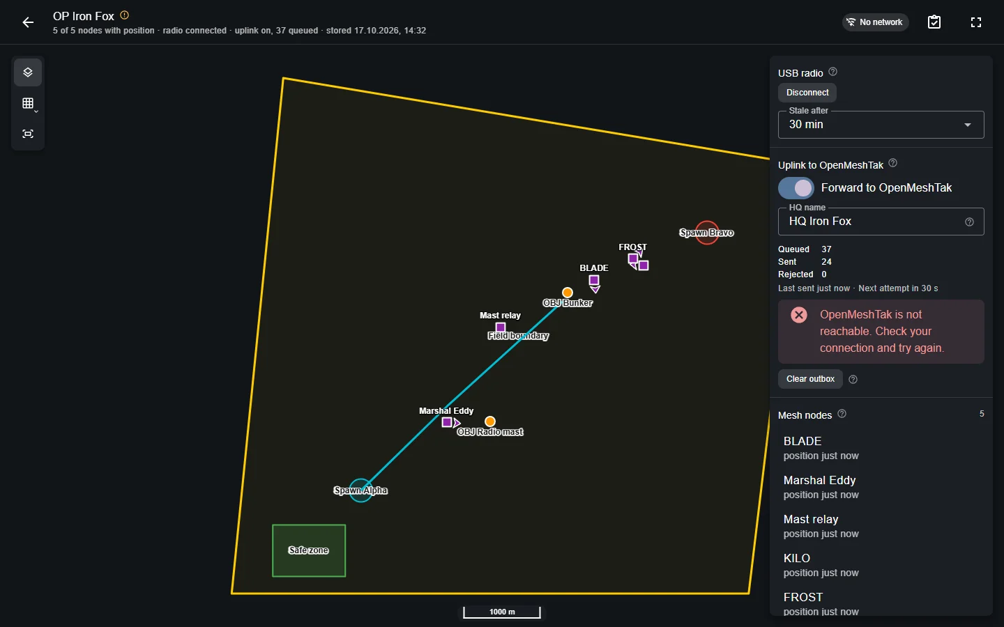 Uplink panel during a network outage: 37 positions queued, an error that OpenMeshTak is not reachable and the next attempt in 30 seconds